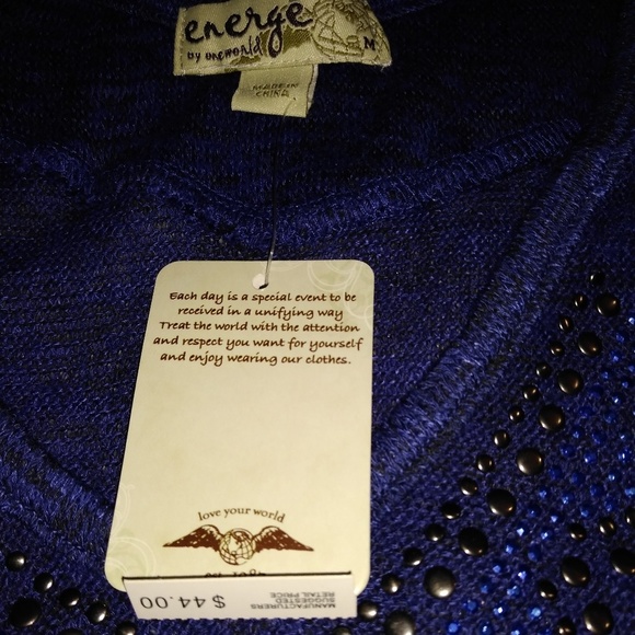 One World Heather Blue and Black Embellished High/Low Knitted Lightweigh Sweater - Picture 4 of 6